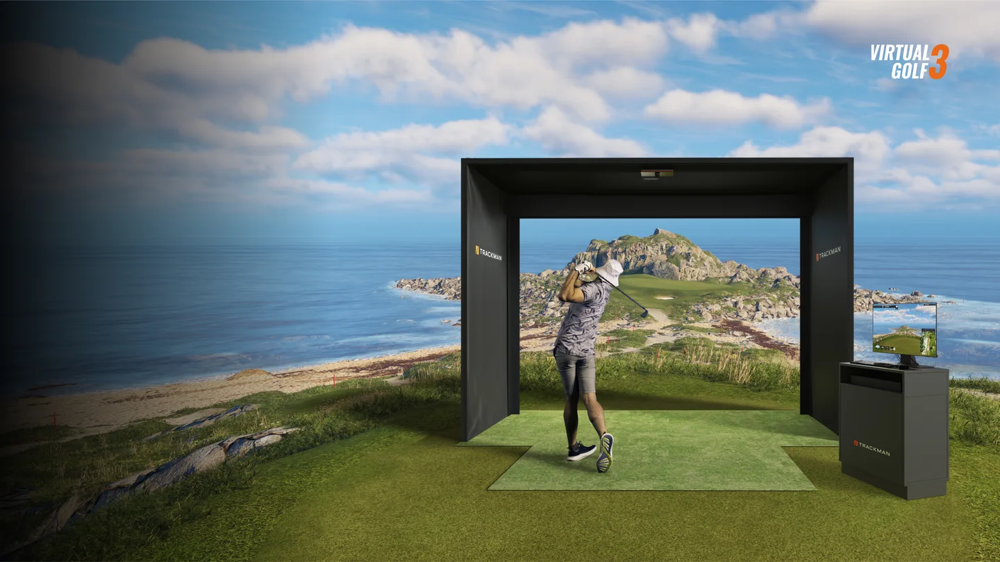 Trackman Virtual Golf promotional composite pairing an iO simulator with a coastal virtual course